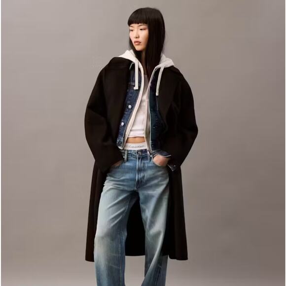 CALVIN KLEIN Wool Blend Wrap Coat Black Sz L NWT $669 - Picture 1 of 6